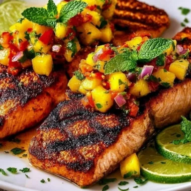 Delicious grilled salmon fillet topped with fresh mango salsa on a plate.