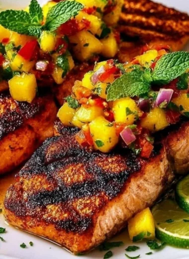Delicious grilled salmon fillet topped with fresh mango salsa on a plate.