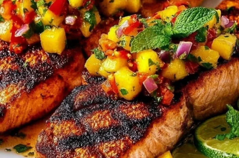 Delicious grilled salmon fillet topped with fresh mango salsa on a plate.