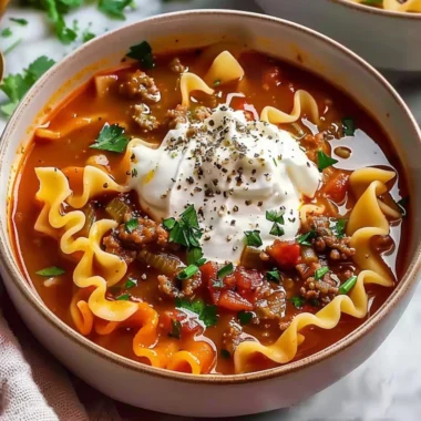 Bowl of easy lasagna soup, a hearty meal for two with pasta and cheese.