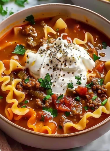 Bowl of easy lasagna soup, a hearty meal for two with pasta and cheese.