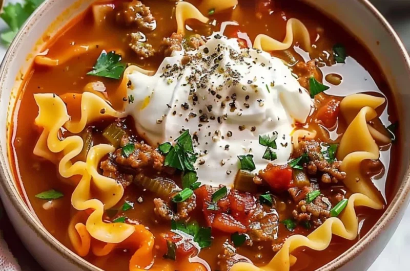 Bowl of easy lasagna soup, a hearty meal for two with pasta and cheese.