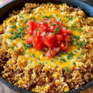 Delicious one-pot Mexican rice casserole topped with cheese and vegetables