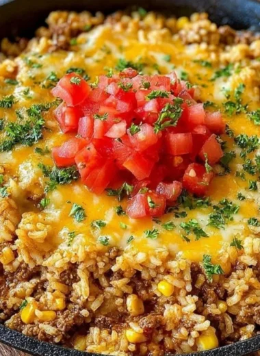 Delicious one-pot Mexican rice casserole topped with cheese and vegetables