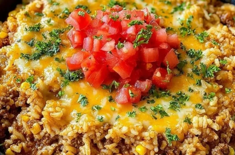 Delicious one-pot Mexican rice casserole topped with cheese and vegetables