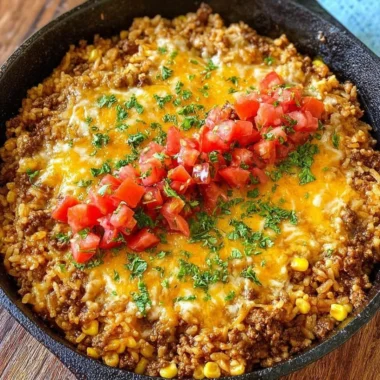 Colorful easy one-pot Mexican rice casserole with beans and cheese in a baking dish.