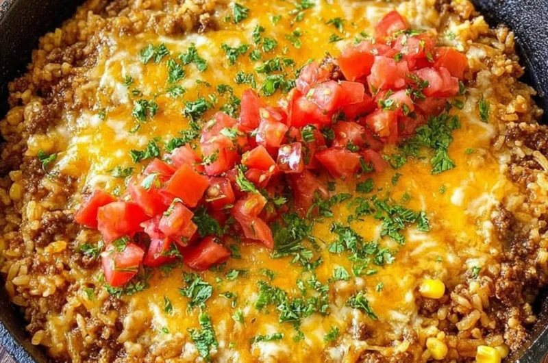 Colorful easy one-pot Mexican rice casserole with beans and cheese in a baking dish.