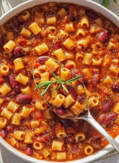 A bowl of easy pasta and beans recipe topped with fresh herbs.