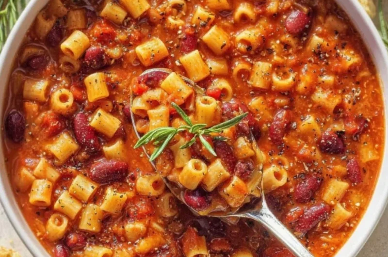 A bowl of easy pasta and beans recipe topped with fresh herbs.