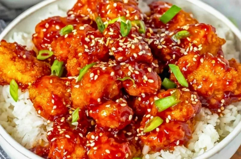 Plate of easy sesame chicken garnished with sesame seeds and green onions