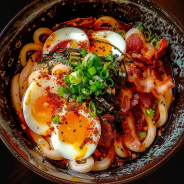 Egg and Bacon Breakfast Udon in a bowl, garnished with green onions.