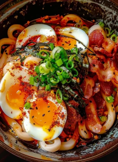 Egg and Bacon Breakfast Udon in a bowl, garnished with green onions.