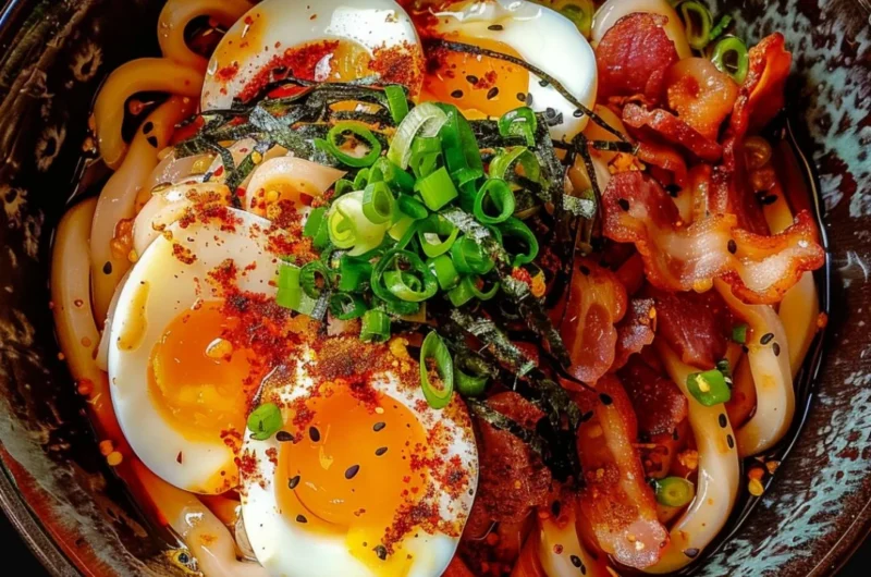 Egg and Bacon Breakfast Udon in a bowl, garnished with green onions.