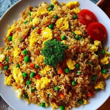 Delicious bowl of Egg Fried Rice garnished with vegetables and herbs