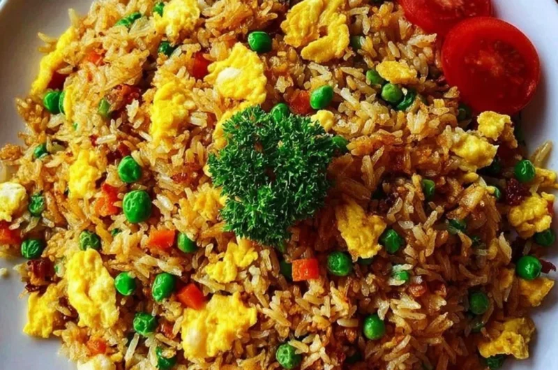 Delicious bowl of Egg Fried Rice garnished with vegetables and herbs