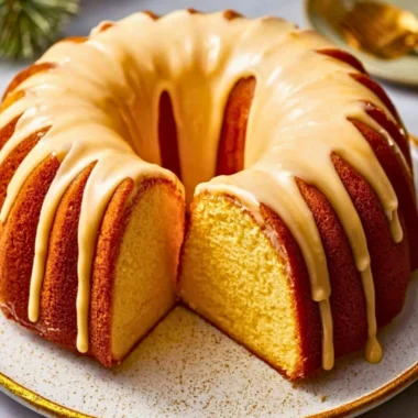 Slice of Eggnog Pound Cake decorated with holiday spices and a dusting of powdered sugar