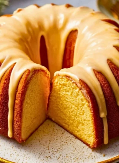 Slice of Eggnog Pound Cake decorated with holiday spices and a dusting of powdered sugar