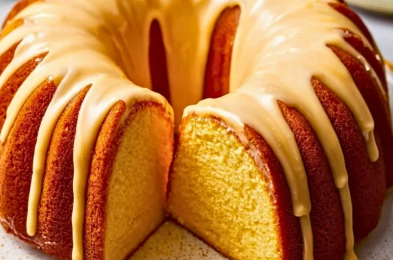 Slice of Eggnog Pound Cake decorated with holiday spices and a dusting of powdered sugar