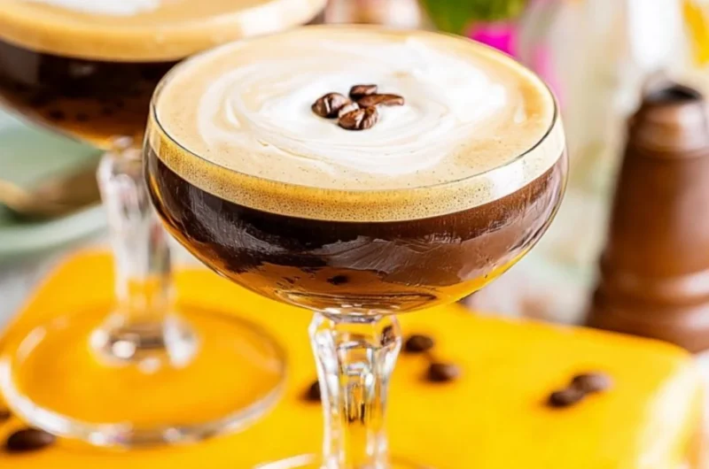 Delicious Espresso Martini cocktail served in a stylish glass with coffee beans garnish.
