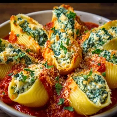 Plate of festive Christmas stuffed pasta shells filled with cheese and herbs.
