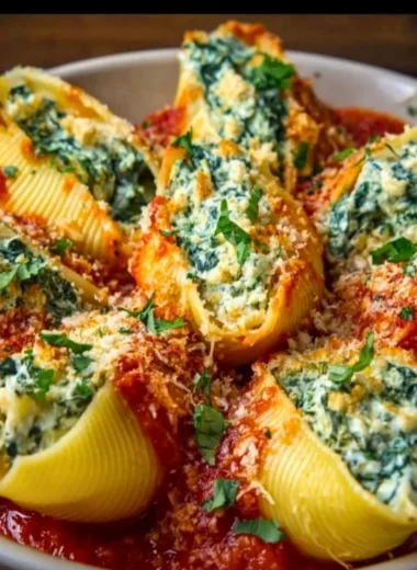 Plate of festive Christmas stuffed pasta shells filled with cheese and herbs.