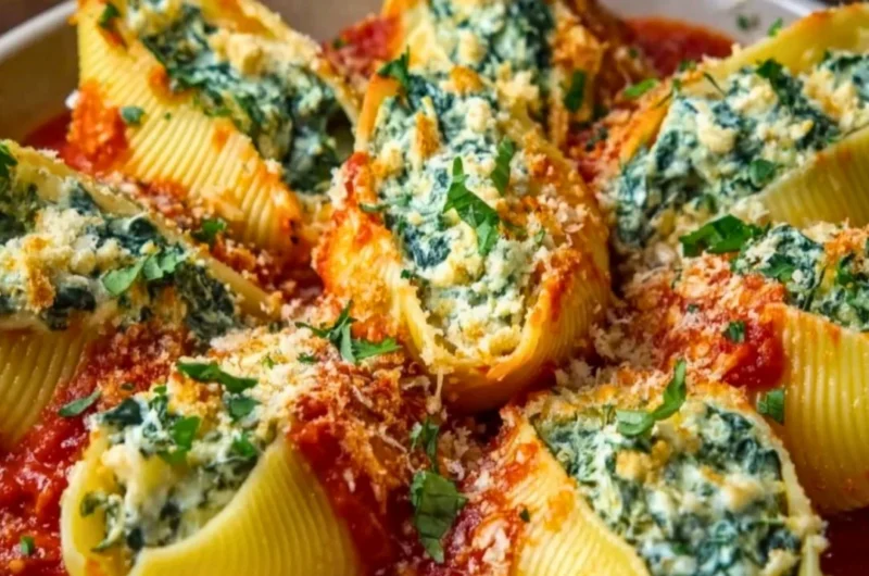 Plate of festive Christmas stuffed pasta shells filled with cheese and herbs.