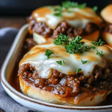 Plate of French Onion Beef Sloppy Joes with melted cheese and caramelized onions