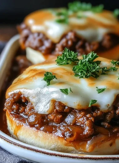 Plate of French Onion Beef Sloppy Joes with melted cheese and caramelized onions