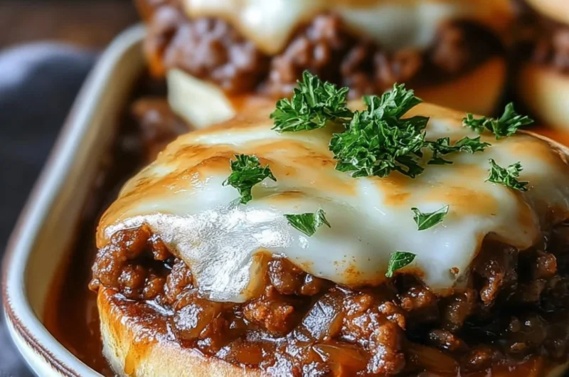 Plate of French Onion Beef Sloppy Joes with melted cheese and caramelized onions