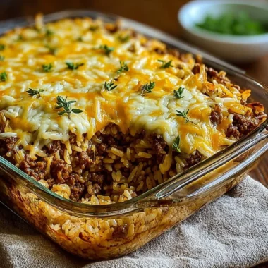 Delicious French Onion Ground Beef Rice Casserole ready to serve.