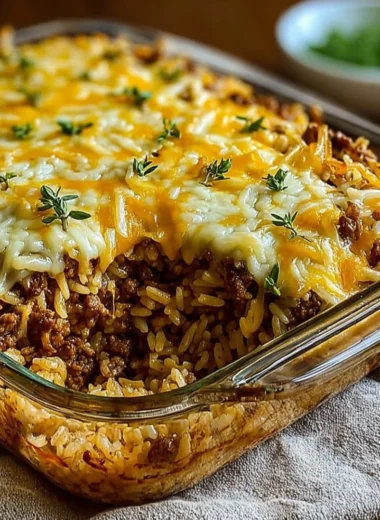 Delicious French Onion Ground Beef Rice Casserole ready to serve.