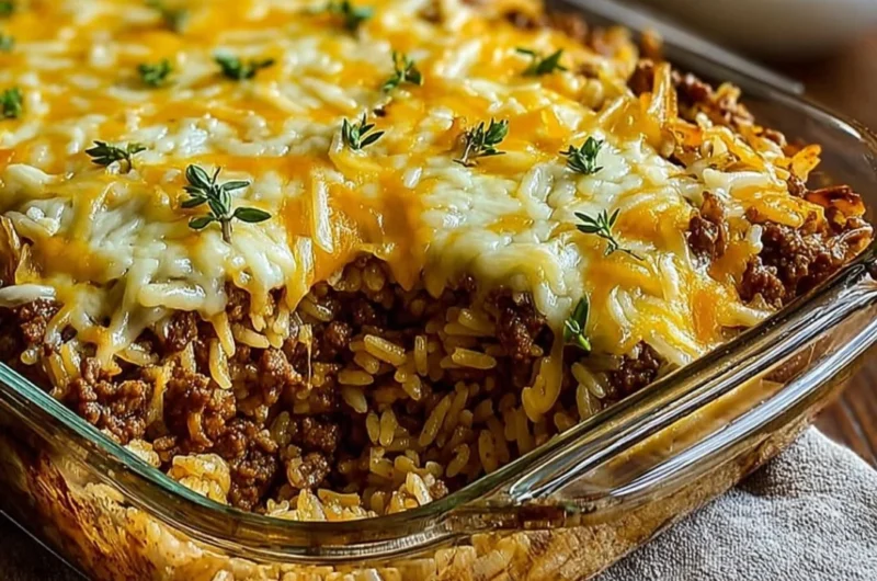 Delicious French Onion Ground Beef Rice Casserole ready to serve.