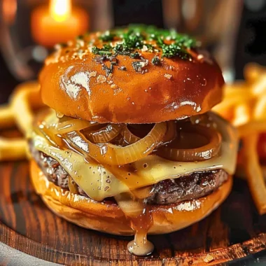 French Onion Soup Burgers with melted cheese and caramelized onions