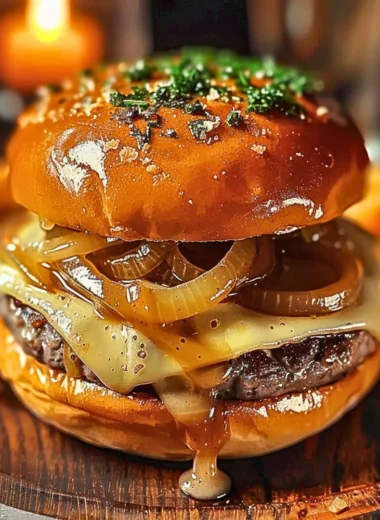 French Onion Soup Burgers with melted cheese and caramelized onions