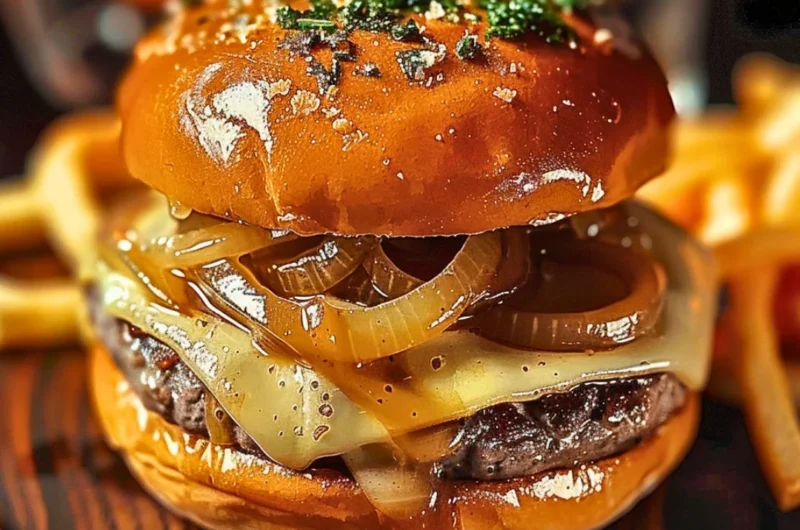 French Onion Soup Burgers with melted cheese and caramelized onions