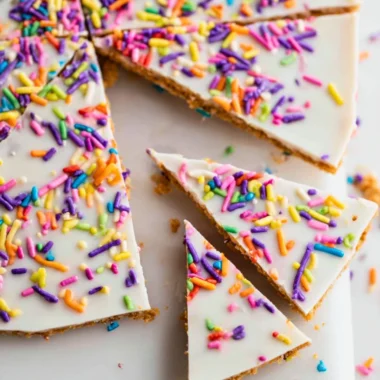 Healthy cake batter bark with colorful sprinkles and chocolate pieces