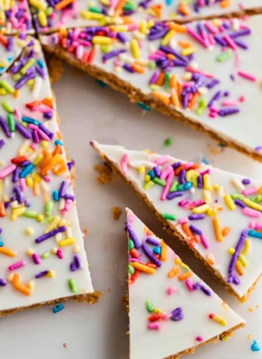 Healthy cake batter bark with colorful sprinkles and chocolate pieces