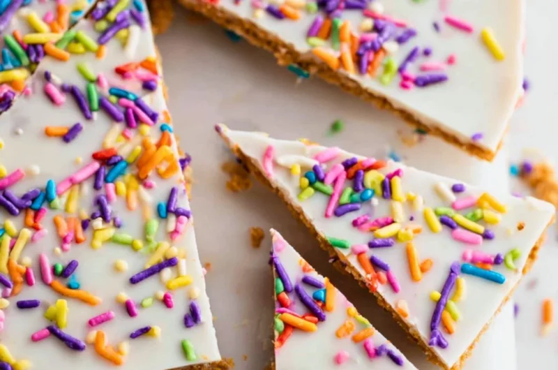 Healthy cake batter bark with colorful sprinkles and chocolate pieces