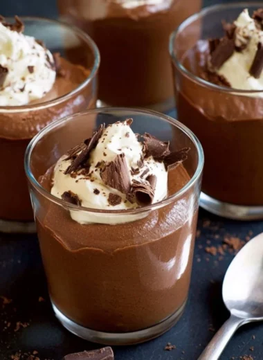 A bowl of healthy chocolate mousse topped with fresh berries and mint leaves.