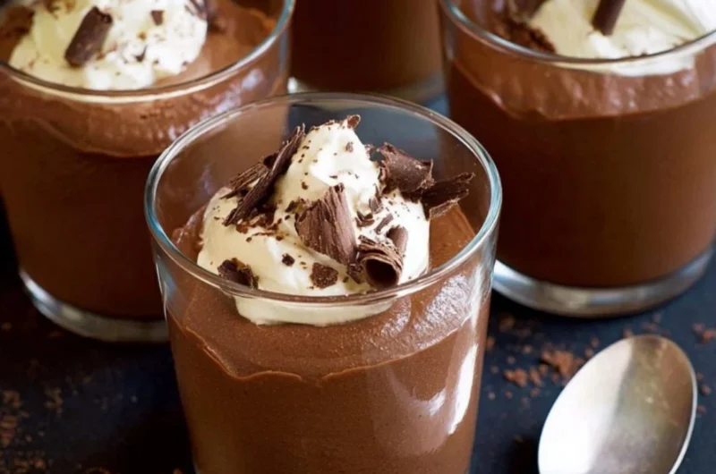 A bowl of healthy chocolate mousse topped with fresh berries and mint leaves.