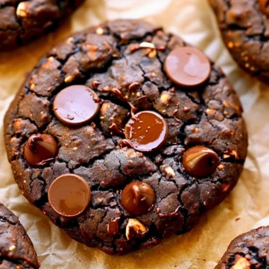 Healthy chocolate protein cookies on a wooden plate with chocolate chips.