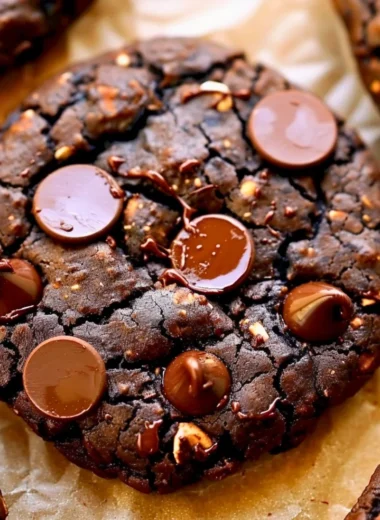 Healthy chocolate protein cookies on a wooden plate with chocolate chips.