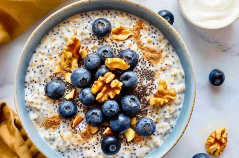 High protein blueberry overnight oats topped with yogurt and fresh blueberries