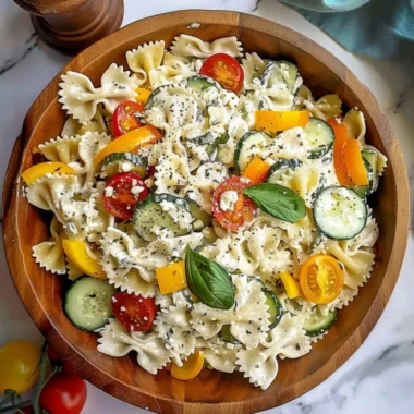 High protein cottage cheese pasta salad in a bowl with fresh vegetables