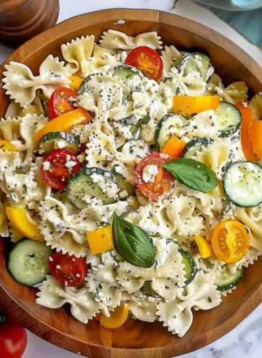 High protein cottage cheese pasta salad in a bowl with fresh vegetables