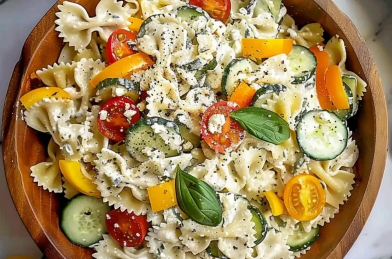 High protein cottage cheese pasta salad in a bowl with fresh vegetables