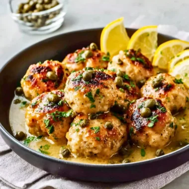 Homemade Chicken Piccata Meatballs served on a plate with lemon and parsley garnish