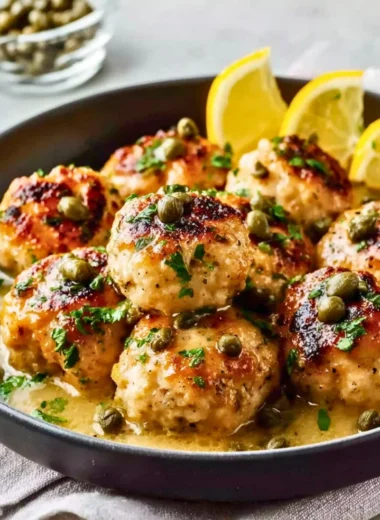 Homemade Chicken Piccata Meatballs served on a plate with lemon and parsley garnish