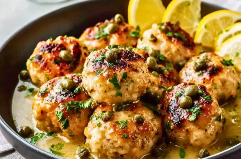 Homemade Chicken Piccata Meatballs served on a plate with lemon and parsley garnish
