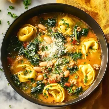 Bowl of homemade ground turkey tortellini soup with fresh herbs